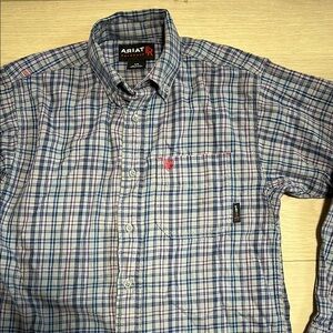 Ariat FR CAT 2 Men's Plaid Casual Button Down Shirt - Blue and Pink Flannel S